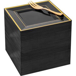 imageWDF 100pcs Silver Plastic Dessert Plates 75quot with 100 Pieces Disposable Forks 74quot Silver Plates Appetizer Plates Small Plates Fancy Salad Plates and Cake Plates for PartyWeddingBlack and Gold