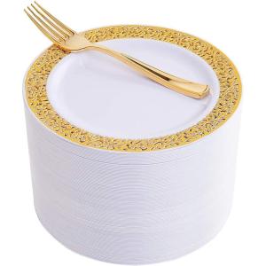 imageWDF 100pcs Silver Plastic Dessert Plates 75quot with 100 Pieces Disposable Forks 74quot Silver Plates Appetizer Plates Small Plates Fancy Salad Plates and Cake Plates for PartyWeddingGold