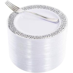 imageWDF 100pcs Silver Plastic Dessert Plates 75quot with 100 Pieces Disposable Forks 74quot Silver Plates Appetizer Plates Small Plates Fancy Salad Plates and Cake Plates for PartyWeddingSilver