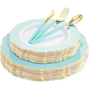 imageWDF 150pieces Baby Blue Plastic Plates with Gold Rim  Disposable Gold Plastic Silverware With Blue HandleBaroque Light BlueampampGold Disposable Plates Dinnerware for WeddingPartyMint Green