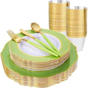 imageWDF 150pieces Baby Blue Plastic Plates with Gold Rim  Disposable Gold Plastic Silverware With Blue HandleBaroque Light BlueampampGold Disposable Plates Dinnerware for WeddingPartyGreen and Gold