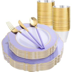 imageWDF 150pieces Baby Blue Plastic Plates with Gold Rim  Disposable Gold Plastic Silverware With Blue HandleBaroque Light BlueampampGold Disposable Plates Dinnerware for WeddingPartyLavender