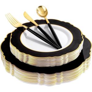 imageWDF 150pieces Baby Blue Plastic Plates with Gold Rim  Disposable Gold Plastic Silverware With Blue HandleBaroque Light BlueampampGold Disposable Plates Dinnerware for WeddingPartyBlack