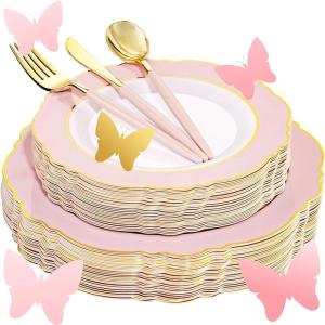 imageWDF 150pieces Baby Blue Plastic Plates with Gold Rim  Disposable Gold Plastic Silverware With Blue HandleBaroque Light BlueampampGold Disposable Plates Dinnerware for WeddingPartyPink