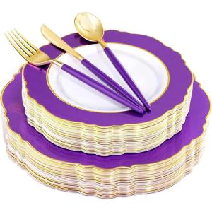 imageWDF 150pieces Baby Blue Plastic Plates with Gold Rim  Disposable Gold Plastic Silverware With Blue HandleBaroque Light BlueampampGold Disposable Plates Dinnerware for WeddingPartyPurple