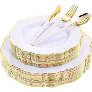 imageWDF 150pieces Baby Blue Plastic Plates with Gold Rim  Disposable Gold Plastic Silverware With Blue HandleBaroque Light BlueampampGold Disposable Plates Dinnerware for WeddingPartyWhite and Gold