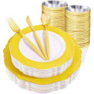imageWDF 30Guest Black and Gold Plastic Plates  New Year Plates  Gold Plastic Silverware With Black Handle Baroque Black and Gold Disposable Dinnerware for Halloween ampamp New Year ampampPartiesYellow