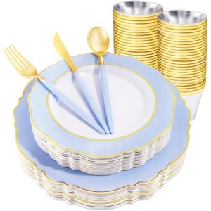 imageWDF 30Guest Black and Gold Plastic Plates  New Year Plates  Gold Plastic Silverware With Black Handle Baroque Black and Gold Disposable Dinnerware for Halloween ampamp New Year ampampPartiesBlue