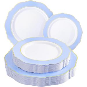 imageWDF 60pcs Clear Purple Plates Disposable with Gold Rim  Baroque Lavender Purple Plastic Plates for PartyWeddingSpring PicnicBlue