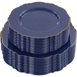imageWDF 60pcs Clear Purple Plates Disposable with Gold Rim  Baroque Lavender Purple Plastic Plates for PartyWeddingSpring PicnicBlue and Gold