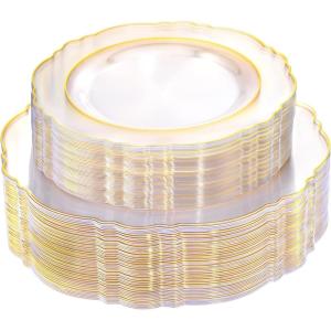 imageWDF 60pcs Clear Purple Plates Disposable with Gold Rim  Baroque Lavender Purple Plastic Plates for PartyWeddingSpring PicnicClear Gold
