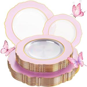 imageWDF 60pcs Clear Purple Plates Disposable with Gold Rim  Baroque Lavender Purple Plastic Plates for PartyWeddingSpring PicnicClear Pink with Gold Rim