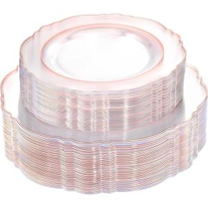 imageWDF 60pcs Clear Purple Plates Disposable with Gold Rim  Baroque Lavender Purple Plastic Plates for PartyWeddingSpring PicnicClear Rose Gold