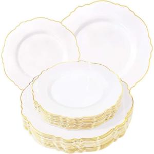 imageWDF 60pcs Clear Purple Plates Disposable with Gold Rim  Baroque Lavender Purple Plastic Plates for PartyWeddingSpring PicnicGold