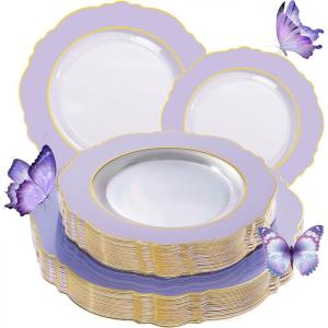 imageWDF 60pcs Clear Purple Plates Disposable with Gold Rim  Baroque Lavender Purple Plastic Plates for PartyWeddingSpring PicnicPurple and Gold