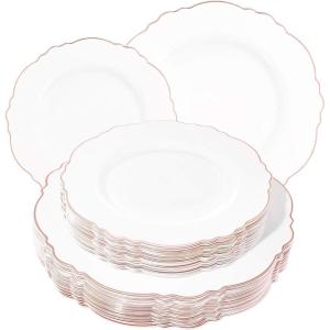 imageWDF 60pcs Clear Purple Plates Disposable with Gold Rim  Baroque Lavender Purple Plastic Plates for PartyWeddingSpring PicnicRose Gold