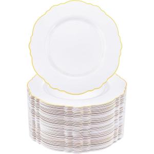 imageWDF 60pcs Gold Plastic Dinner Plates 1025inch Baroque White and Gold Plastic Wedding Plates Fancy Heavy Duty Disposable Dinner Plates for Upscale Parties ampamp Wedding ampamp Birthday