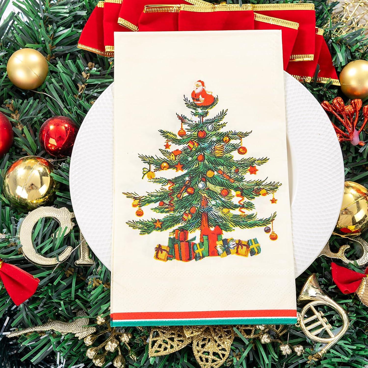imageWDF 100Pack Colorful Christmas Hand Towels ampamp Napkins  3 Ply Disposable Tree Napkins With Merry Bright Colors for Bathroom ampamp Table DecorGreen