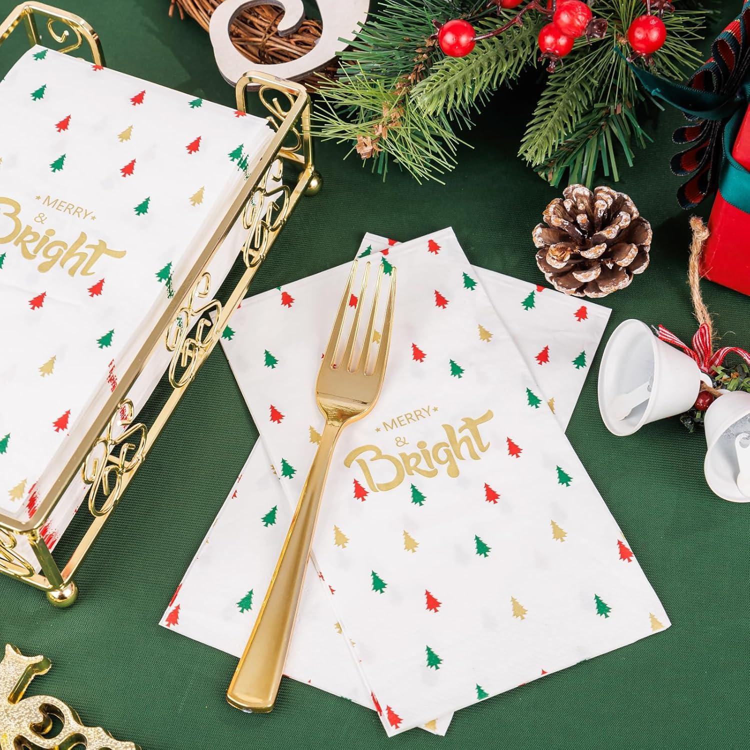 imageWDF 100Pack Colorful Christmas Hand Towels ampamp Napkins  3 Ply Disposable Tree Napkins With Merry Bright Colors for Bathroom ampamp Table DecorWhite