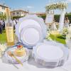 imageWDF 100PCS Ivory Plastic Plates with Gold Rim  Cream Plastic Plates  Include 50 Dinner ampamp 50 Dessert Fancy Disposable Plate for Party  Heavy Duty Beige Plate for WeddingBridal ShowersBlue and Gold