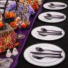 imageWDF 180 Pieces Black and Gold Plastic Silverware Halloween Black Plastic Cutlery Incluede 60 Forks 60 Knives 60 Spoons Heavy Duty Disposable Flatware  Gold Utensils for HalloweenPartyDaily UseBlack and Purple  180PCS
