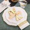 imageWDF 180 Pieces Black and Gold Plastic Silverware Halloween Black Plastic Cutlery Incluede 60 Forks 60 Knives 60 Spoons Heavy Duty Disposable Flatware  Gold Utensils for HalloweenPartyDaily UseGold  200PCS