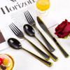 imageWDF 180 Pieces Black and Gold Plastic Silverware Halloween Black Plastic Cutlery Incluede 60 Forks 60 Knives 60 Spoons Heavy Duty Disposable Flatware  Gold Utensils for HalloweenPartyDaily UseBlack and Gold
