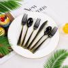 imageWDF 180 Pieces Black and Gold Plastic Silverware Halloween Black Plastic Cutlery Incluede 60 Forks 60 Knives 60 Spoons Heavy Duty Disposable Flatware  Gold Utensils for HalloweenPartyDaily UseBlack and Gold