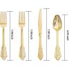 imageWDF 180 Pieces Black and Gold Plastic Silverware Halloween Black Plastic Cutlery Incluede 60 Forks 60 Knives 60 Spoons Heavy Duty Disposable Flatware  Gold Utensils for HalloweenPartyDaily UseGold  200PCS