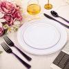 imageWDF 180 Pieces Black and Gold Plastic Silverware Halloween Black Plastic Cutlery Incluede 60 Forks 60 Knives 60 Spoons Heavy Duty Disposable Flatware  Gold Utensils for HalloweenPartyDaily UseBlack and Purple  180PCS