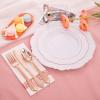 imageWDF 25Guest Disposable Rose Gold Plastic Dinnerware Set Include 50 Rose Gold Plastic Plates 75 Plastic Silverware 25 Cups and 25 Napkins for WeddingPartyMothers Day