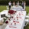 imageWDF 25Pack Gold Charger Plates  12inch Clear Chargers with Gold Trim  Clear Plates Disposable for Dinner PartyWeddingBirthdayRed