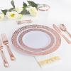 imageWDF 300PCS White and Gold Plates  Wedding Plastic Dinnerware Set for 50 Guests Include 50 Dinner ampamp 50 Cake Plates 50 Cutlery 50 Cups for Wedding Birthday PartyRose Gold