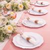 imageWDF 350 Pieces Disposable Rose Gold Plastic Dinnerware Set  Baroque Rose Gold Plates Include 100 Plates Disposable50 Pre Rolled Napkins with Gold Silverware and 50Cups