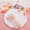 imageWDF 350 Pieces Disposable Rose Gold Plastic Dinnerware Set  Baroque Rose Gold Plates Include 100 Plates Disposable50 Pre Rolled Napkins with Gold Silverware and 50Cups