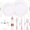 imageWDF 350 Pieces Disposable Rose Gold Plastic Dinnerware Set  Baroque Rose Gold Plates Include 100 Plates Disposable50 Pre Rolled Napkins with Gold Silverware and 50Cups