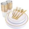 imageWDF Rose Gold Pink Plastic Plates with Pink Plastic Silverware include 40 Dinner ampamp Salad Plates 40Forks 40 Knives 40 Spoons for WeddingPartyGold