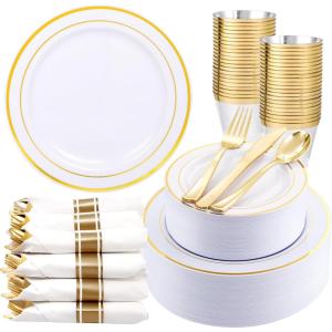 image350 Pieces Black and Gold Plastic Plates with Disposable Silverware Include 50 Dinner Plates 9 50 Dessert Plates 63 50 Black Cups 9 OZ 50 Pre Rolled Napkins for new yearWhite and Gold  Modern
