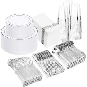 image350 Pieces Black and Gold Plastic Plates with Disposable Silverware Include 50 Dinner Plates 9 50 Dessert Plates 63 50 Black Cups 9 OZ 50 Pre Rolled Napkins for new yearSilver  Modern