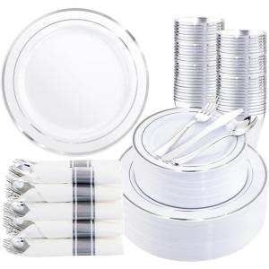 image350 Pieces Black and Gold Plastic Plates with Disposable Silverware Include 50 Dinner Plates 9 50 Dessert Plates 63 50 Black Cups 9 OZ 50 Pre Rolled Napkins for new yearWhite and Silver  Modern