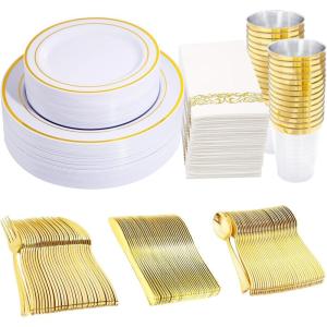 image350 Pieces Black and Gold Plastic Plates with Disposable Silverware Include 50 Dinner Plates 9 50 Dessert Plates 63 50 Black Cups 9 OZ 50 Pre Rolled Napkins for new yearGold  Modern