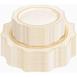 imageWDF 100PCS Ivory Plastic Plates with Gold Rim  Cream Plastic Plates  Include 50 Dinner ampamp 50 Dessert Fancy Disposable Plate for Party  Heavy Duty Beige Plate for WeddingBridal ShowersIvory