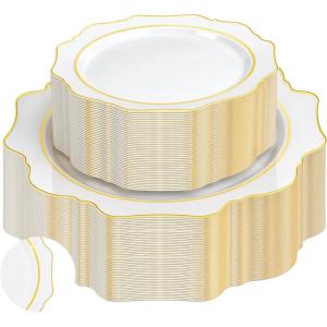 imageWDF 100PCS Ivory Plastic Plates with Gold Rim  Cream Plastic Plates  Include 50 Dinner ampamp 50 Dessert Fancy Disposable Plate for Party  Heavy Duty Beige Plate for WeddingBridal ShowersWhite and Gold