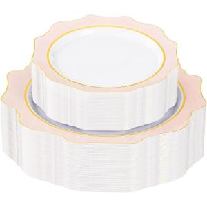 imageWDF 100PCS Ivory Plastic Plates with Gold Rim  Cream Plastic Plates  Include 50 Dinner ampamp 50 Dessert Fancy Disposable Plate for Party  Heavy Duty Beige Plate for WeddingBridal ShowersPink and Gold