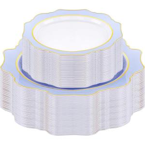 imageWDF 100PCS Ivory Plastic Plates with Gold Rim  Cream Plastic Plates  Include 50 Dinner ampamp 50 Dessert Fancy Disposable Plate for Party  Heavy Duty Beige Plate for WeddingBridal ShowersBlue and Gold