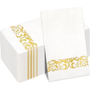 imageWDF 100Pack Gold Christmas Napkins Disposable  3ply Christmas Tree Paper Napkins Premium Quality Disposable Gold Napkins Party Dinner Napkins for Christmas Tableware DecorWhite and Gold