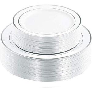 imageWDF 120PCS Plastic Christmas Plates White Silver Rim  Disposable Plates including 60PCS for Dinner 1025inch 60 SaladDessert Plates 75inch Heavy Duty WeddingSilver