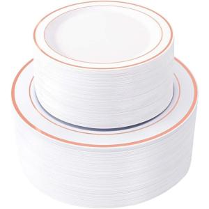imageWDF 120PCS Plastic Christmas Plates White Silver Rim  Disposable Plates including 60PCS for Dinner 1025inch 60 SaladDessert Plates 75inch Heavy Duty WeddingRose Gold