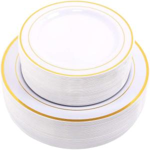 imageWDF 120PCS Plastic Christmas Plates White Silver Rim  Disposable Plates including 60PCS for Dinner 1025inch 60 SaladDessert Plates 75inch Heavy Duty WeddingGold