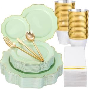 imageWDF 175Pcs Pink Plastic Plates  Pink and Gold Plates Disposable 25guest Plastic Dinnerware Ideal for Tea PartyBridal ShowerWeddingBaby ShowerBirtyday PartyGreen